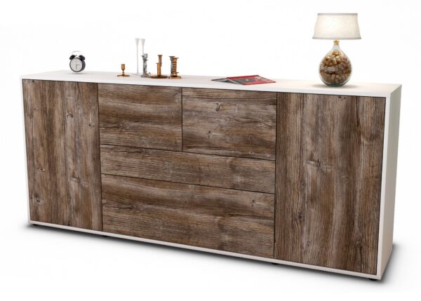 Sideboard Elisa | Korpus Weiß | Front in Treibholz Holz Optik | 180x79x35cm (BxHxT)