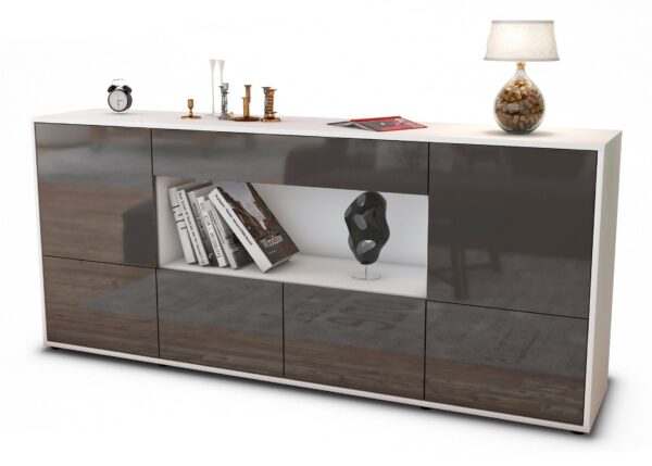 Sideboard Elsa | Korpus Weiß | Front in Hochglanz Grau | 180x79x35cm (BxHxT)