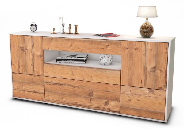 Sideboard Elvira | Korpus Weiß | Front in Pinie Holz Optik | 180x79x35cm (BxHxT)