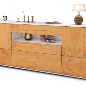 Sideboard Emely | Korpus Weiß | Front in Eiche Holz Optik | 180x79x35cm (BxHxT)