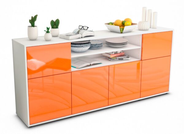 Sideboard Ermelina | Korpus Weiß | Front in Hochglanz Orange | 180x79x35cm (BxHxT)