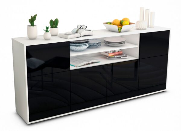 Sideboard Ermelina | Korpus Weiß | Front in Hochglanz Schwarz | 180x79x35cm (BxHxT)