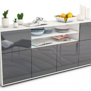Sideboard Ermelina | Korpus Weiß | Front in Hochglanz Grau | 180x79x35cm (BxHxT)