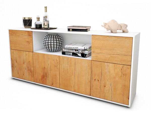 Sideboard Ermentrude | Korpus Weiß | Front in Eiche Holz Optik | 180x79x35cm (BxHxT)