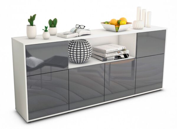Sideboard Ermentrude | Korpus Weiß | Front in Hochglanz Grau | 180x79x35cm (BxHxT)
