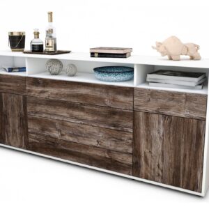 Sideboard Evelina | Korpus Weiß | Front in Treibholz Holz Optik | 180x79x35cm (BxHxT)