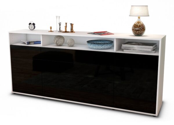 Sideboard Evelina | Korpus Weiß | Front in Hochglanz Schwarz | 180x79x35cm (BxHxT)