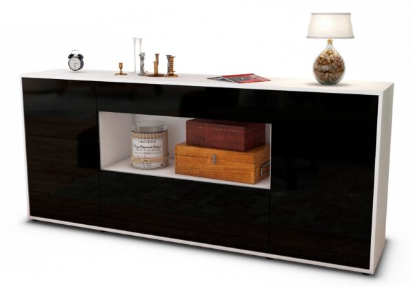 Sideboard Fabiola | Korpus Weiß | Front in Hochglanz Schwarz | 180x79x35cm (BxHxT)