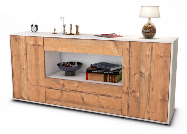 Sideboard Fiora | Korpus Weiß | Front in Pinie Holz Optik | 180x79x35cm (BxHxT)