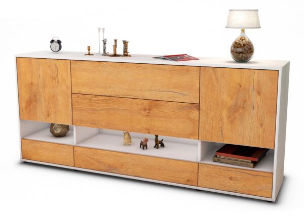 Sideboard Florentina | Korpus Weiß | Front in Eiche Holz Optik | 180x79x35cm (BxHxT)
