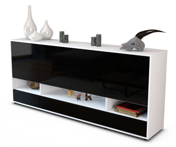 Sideboard Florentina | Korpus Weiß | Front in Hochglanz Schwarz | 180x79x35cm (BxHxT)