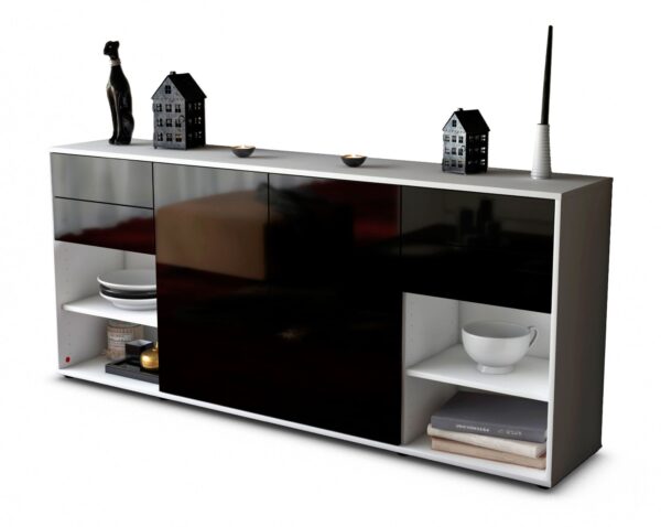 Sideboard Franka | Korpus Weiß | Front in Hochglanz Schwarz | 180x79x35cm (BxHxT)