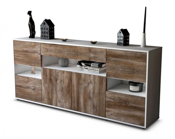 Sideboard Ginevra | Korpus Weiß | Front in Treibholz Holz Optik | 180x79x35cm (BxHxT)