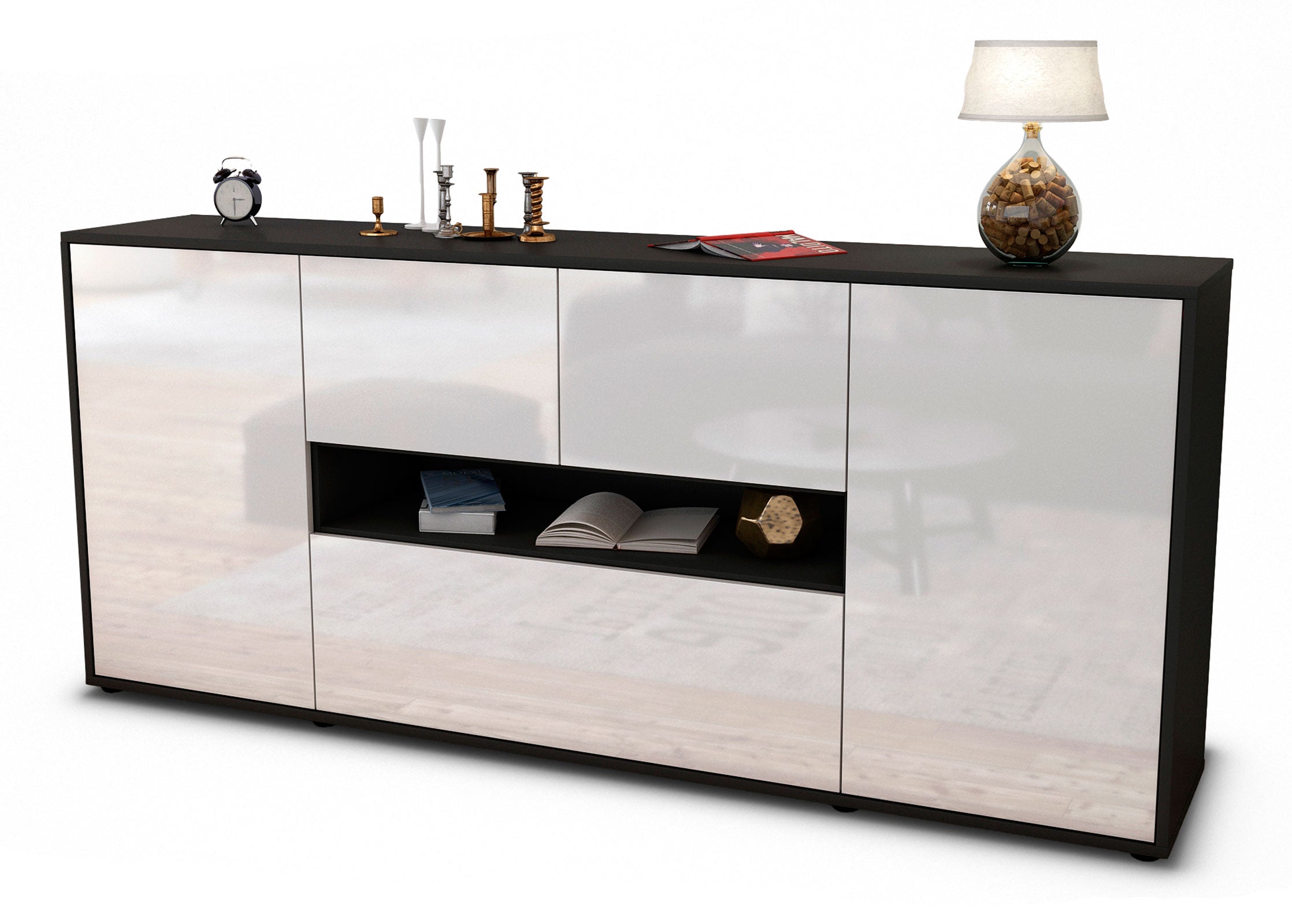 Sideboard Elisabetta | Korpus Anthrazit | Front in Hochglanz Weiß | 180x79x35cm (BxHxT) 1 Sideboard Elisabetta | Korpus Anthrazit | Front in Hochglanz Weiß | 180x79x35cm (BxHxT)