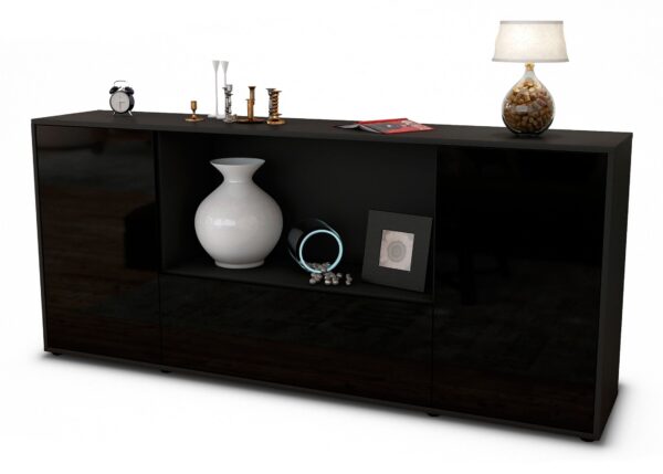 Sideboard Ella | Korpus Anthrazit | Front in Hochglanz Schwarz | 180x79x35cm (BxHxT)