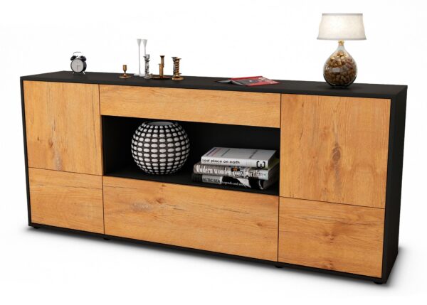 Sideboard Elodie | Korpus Anthrazit | Front in Eiche Holz Optik | 180x79x35cm (BxHxT)