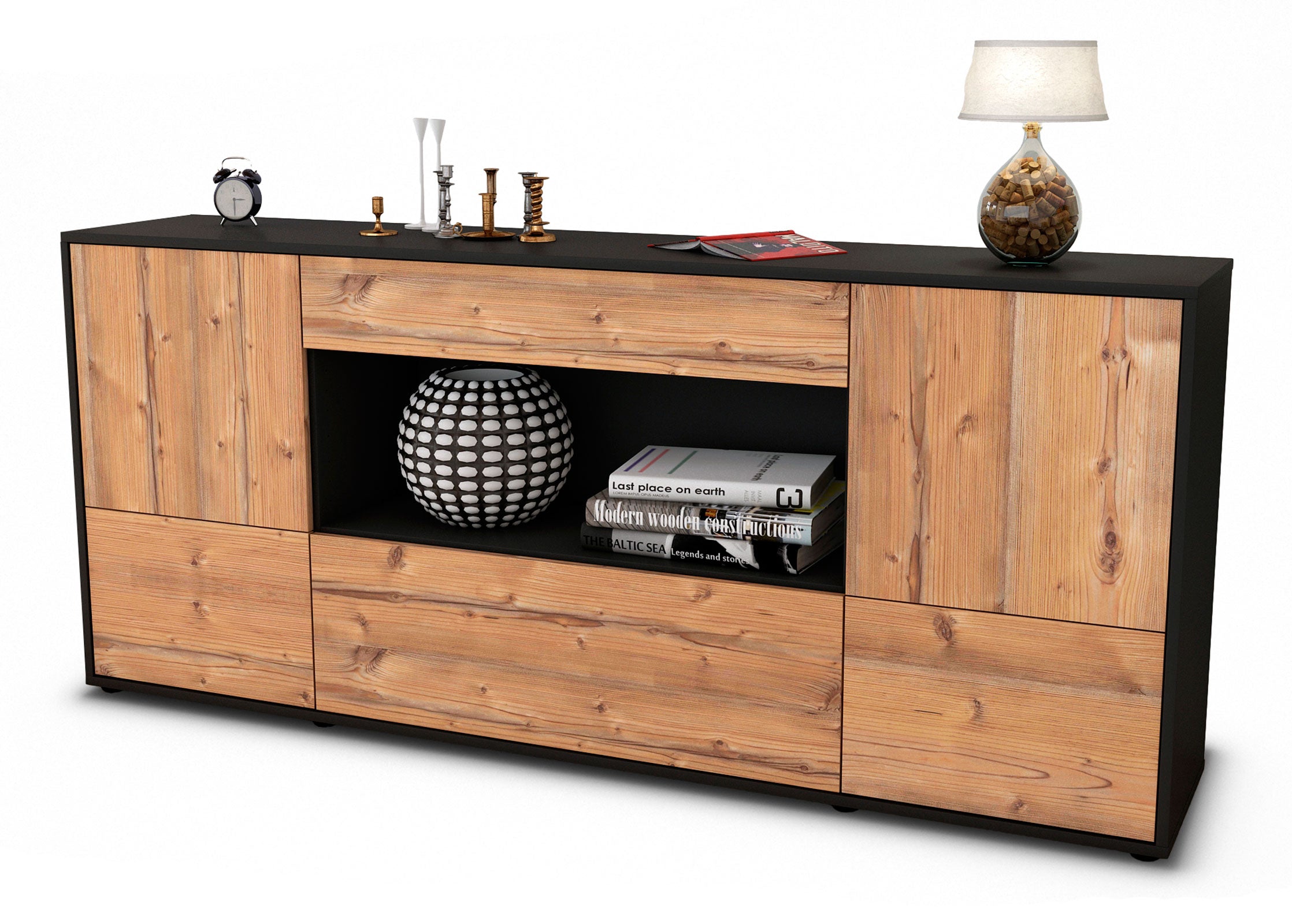 Sideboard Elodie | Korpus Anthrazit | Front in Pinie Holz Optik | 180x79x35cm (BxHxT) 1 Sideboard Elodie | Korpus Anthrazit | Front in Pinie Holz Optik | 180x79x35cm (BxHxT)