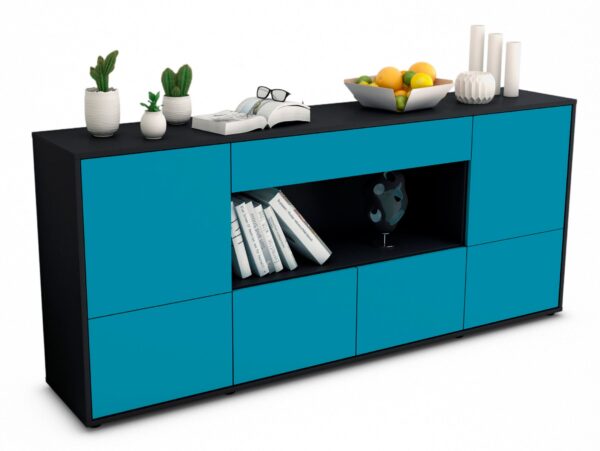 Sideboard Elsa | Korpus Anthrazit | Front in Türkis | 180x79x35cm (BxHxT)