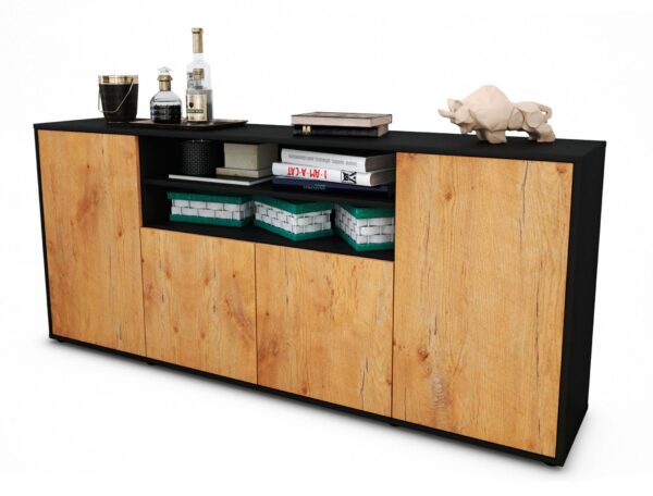 Sideboard Elsita | Korpus Anthrazit | Front in Eiche Holz Optik | 180x79x35cm (BxHxT)