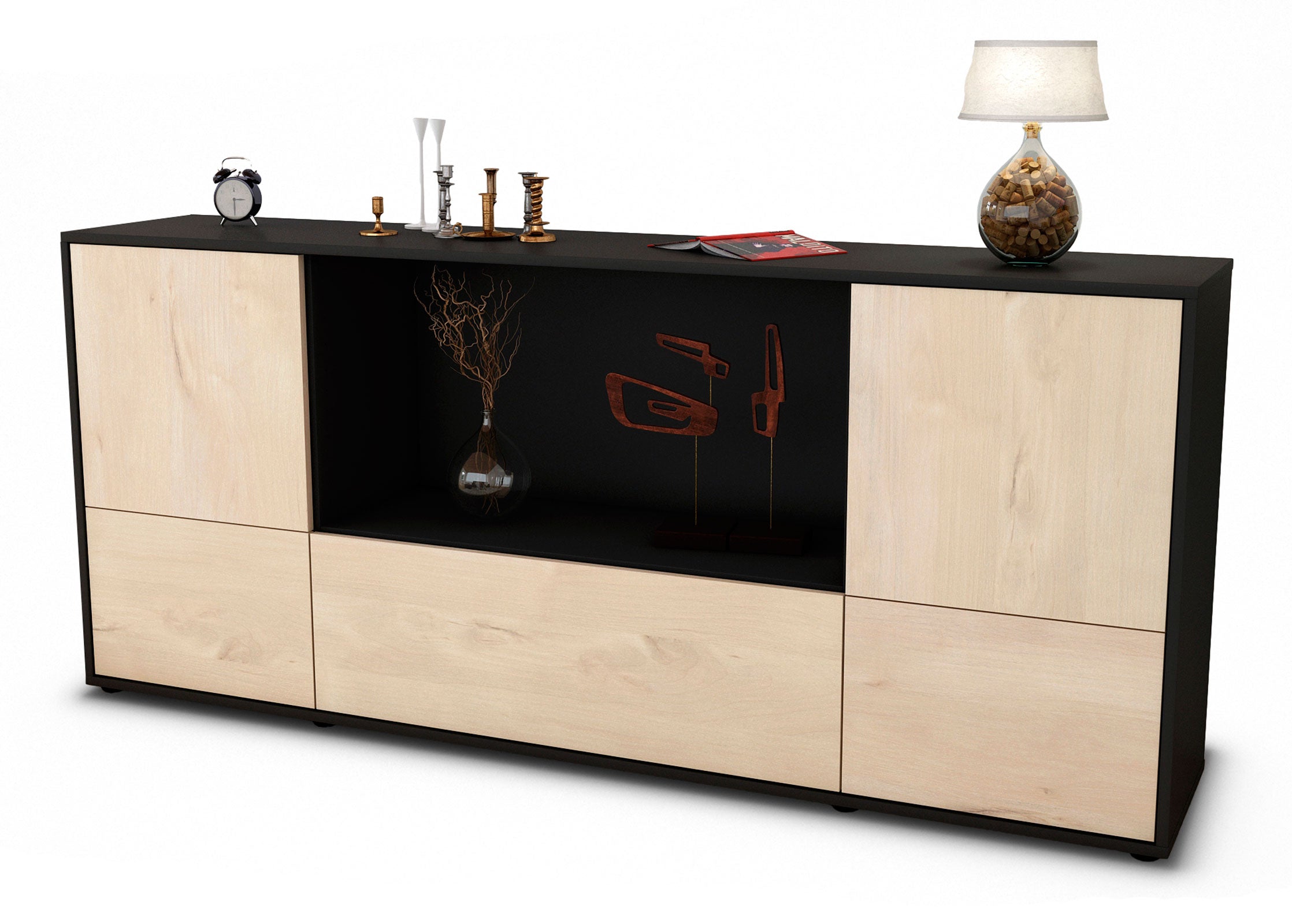 Sideboard Elvezia | Korpus Anthrazit | Front in Zeder Holz Optik | 180x79x35cm (BxHxT) 1 Sideboard Elvezia | Korpus Anthrazit | Front in Zeder Holz Optik | 180x79x35cm (BxHxT)