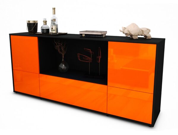 Sideboard Elvezia | Korpus Anthrazit | Front in Hochglanz Orange | 180x79x35cm (BxHxT)