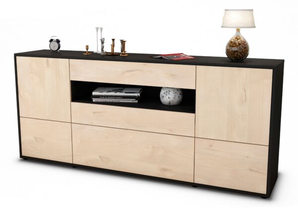 Sideboard Elvira | Korpus Anthrazit | Front in Zeder Holz Optik | 180x79x35cm (BxHxT)