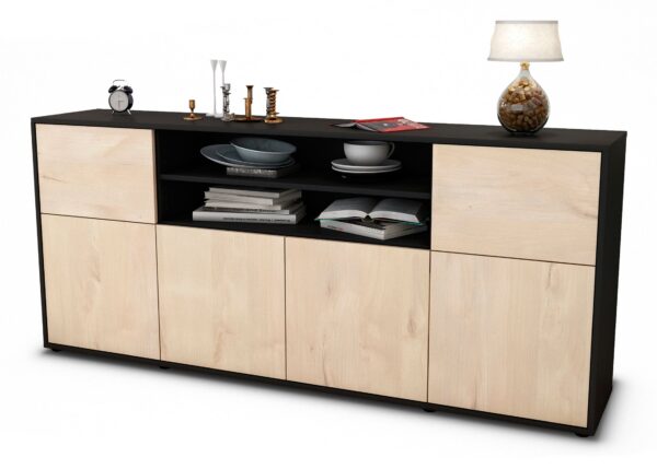 Sideboard Emilia | Korpus Anthrazit | Front in Zeder Holz Optik | 180x79x35cm (BxHxT)