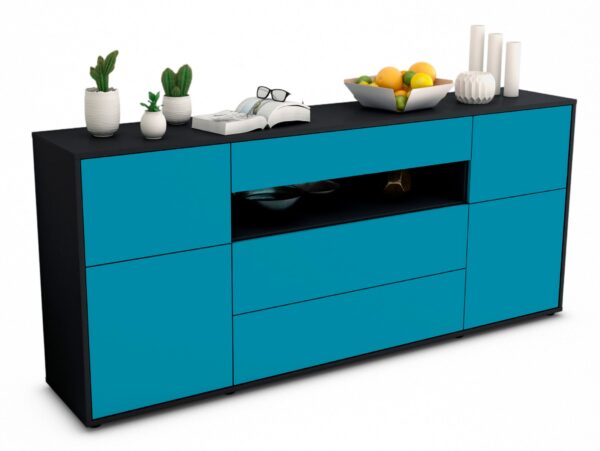 Sideboard Emma | Korpus Anthrazit | Front in Türkis | 180x79x35cm (BxHxT)