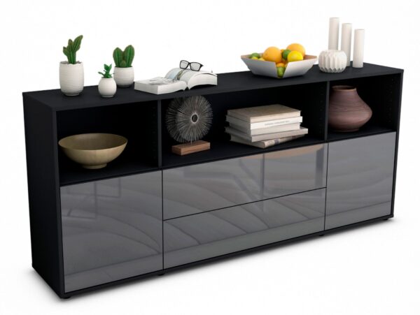 Sideboard Enza | Korpus Anthrazit | Front in Hochglanz Grau | 180x79x35cm (BxHxT)
