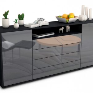 Sideboard Enzo | Korpus Anthrazit | Front in Hochglanz Grau | 180x79x35cm (BxHxT)