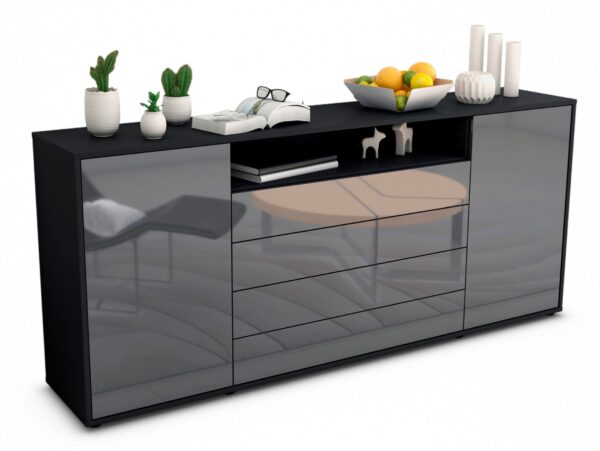 Sideboard Enzo | Korpus Anthrazit | Front in Hochglanz Grau | 180x79x35cm (BxHxT)