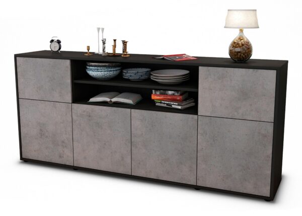 Sideboard Ermelina | Korpus Anthrazit | Front in Beton Optik | 180x79x35cm (BxHxT)