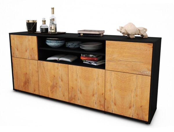 Sideboard Ermelina | Korpus Anthrazit | Front in Eiche Holz Optik | 180x79x35cm (BxHxT)