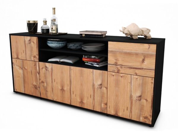 Sideboard Ermelina | Korpus Anthrazit | Front in Pinie Holz Optik | 180x79x35cm (BxHxT)