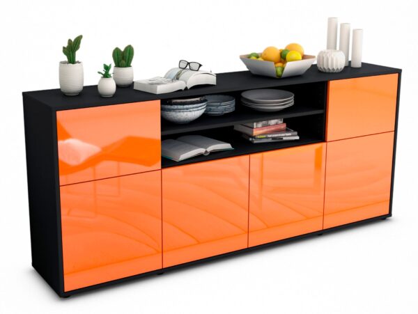 Sideboard Ermelina | Korpus Anthrazit | Front in Hochglanz Orange | 180x79x35cm (BxHxT)