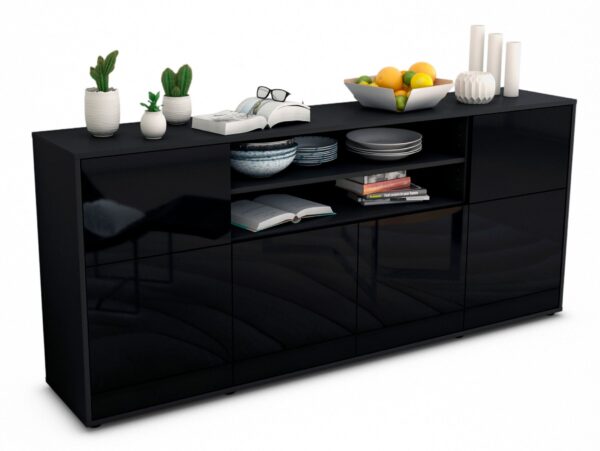 Sideboard Ermelina | Korpus Anthrazit | Front in Hochglanz Schwarz | 180x79x35cm (BxHxT)