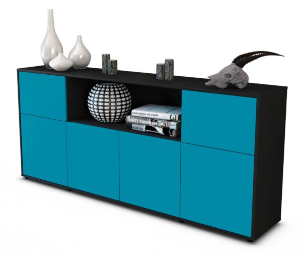 Sideboard Ermentrude | Korpus Anthrazit | Front in Türkis | 180x79x35cm (BxHxT)