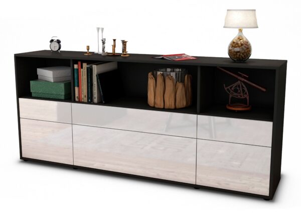 Sideboard Estella | Korpus Anthrazit | Front in Hochglanz Weiß | 180x79x35cm (BxHxT)