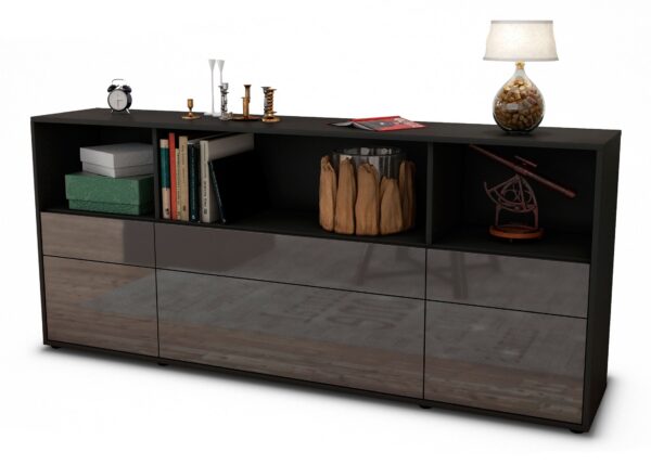 Sideboard Estella | Korpus Anthrazit | Front in Hochglanz Grau | 180x79x35cm (BxHxT)