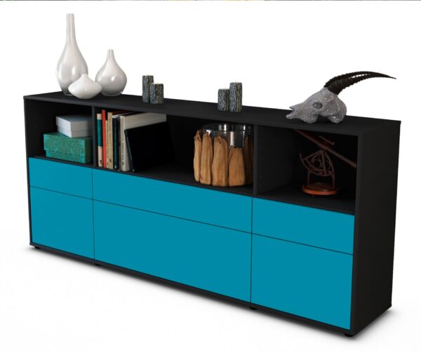 Sideboard Estella | Korpus Anthrazit | Front in Türkis | 180x79x35cm (BxHxT)
