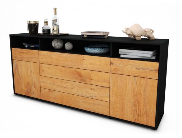 Sideboard Evelina | Korpus Anthrazit | Front in Eiche Holz Optik | 180x79x35cm (BxHxT)