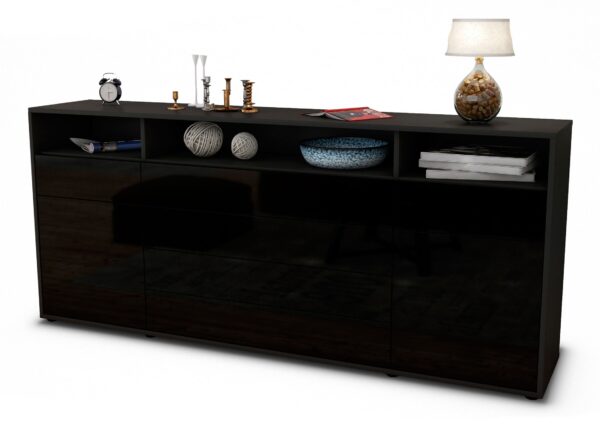 Sideboard Evelina | Korpus Anthrazit | Front in Hochglanz Schwarz | 180x79x35cm (BxHxT)