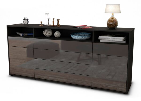 Sideboard Evelina | Korpus Anthrazit | Front in Hochglanz Grau | 180x79x35cm (BxHxT)