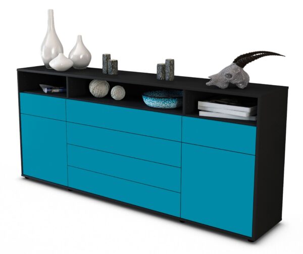 Sideboard Evelina | Korpus Anthrazit | Front in Türkis | 180x79x35cm (BxHxT)