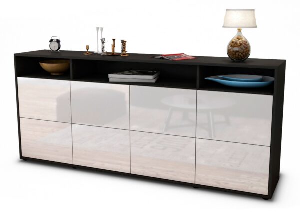 Sideboard Evita | Korpus Anthrazit | Front in Hochglanz Weiß | 180x79x35cm (BxHxT)