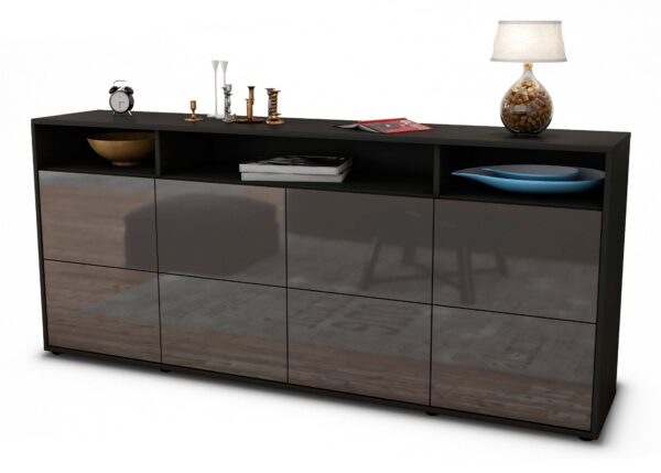 Sideboard Evita | Korpus Anthrazit | Front in Hochglanz Grau | 180x79x35cm (BxHxT)