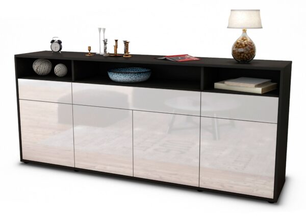 Sideboard Ezia | Korpus Anthrazit | Front in Hochglanz Weiß | 180x79x35cm (BxHxT)