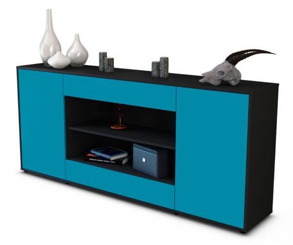 Sideboard Feli | Korpus Anthrazit | Front in Türkis | 180x79x35cm (BxHxT)