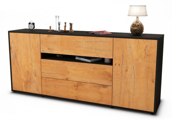 Sideboard Fernanda | Korpus Anthrazit | Front in Eiche Holz Optik | 180x79x35cm (BxHxT)