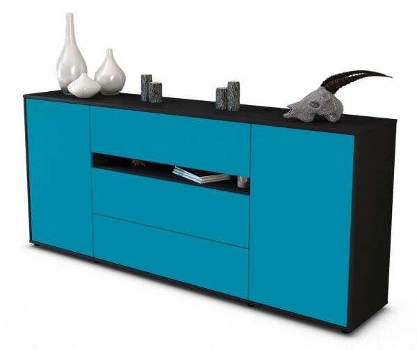 Sideboard Fernanda | Korpus Anthrazit | Front in Türkis | 180x79x35cm (BxHxT)